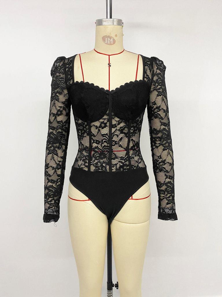 Elegant Lace Trim Bodycon Black Bodysuit with Square Neck