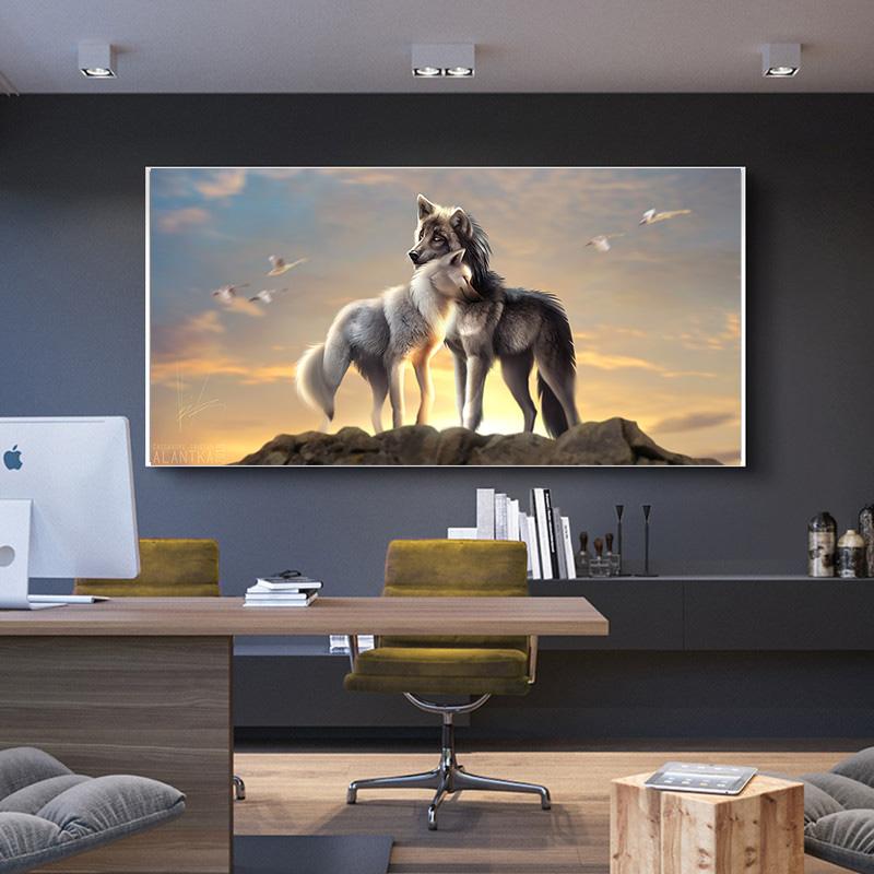 Pictură pe pânză de lup Lup negru Lup alb Pictură pe pânză Poze de artă de perete pentru decorarea camerei de zi