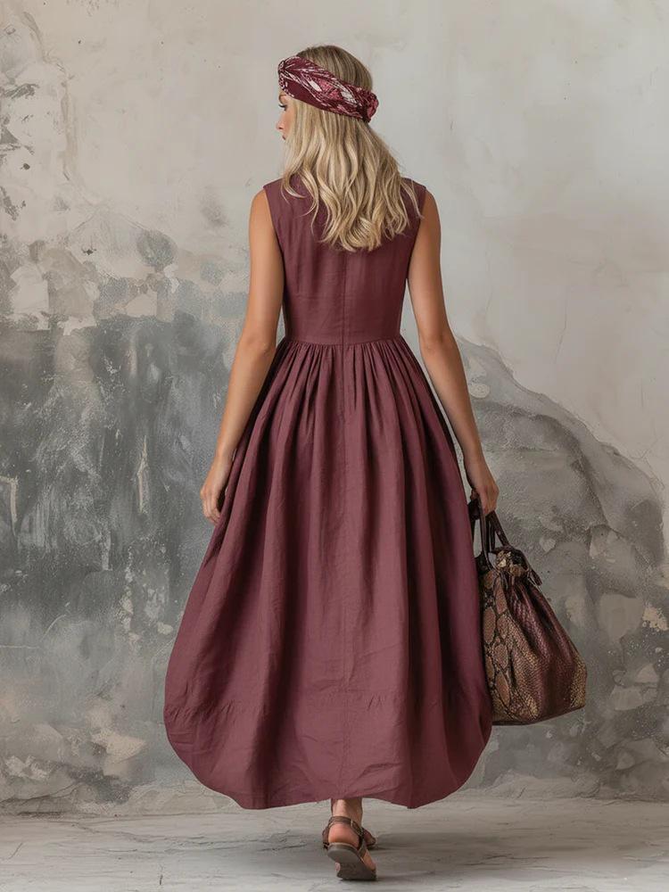 Women's A-line Cotton Linen Long Skirt Dress with Lapel - Stylish and Elegant for Commute