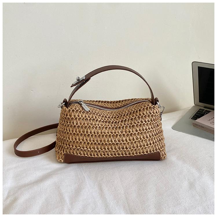 2026 Neue Damen-Strohgewebte Handtasche PU-Patchwork Einzelne Schulter Lässige Crossbody-Tasche Kissenbeutel Damen-Tote