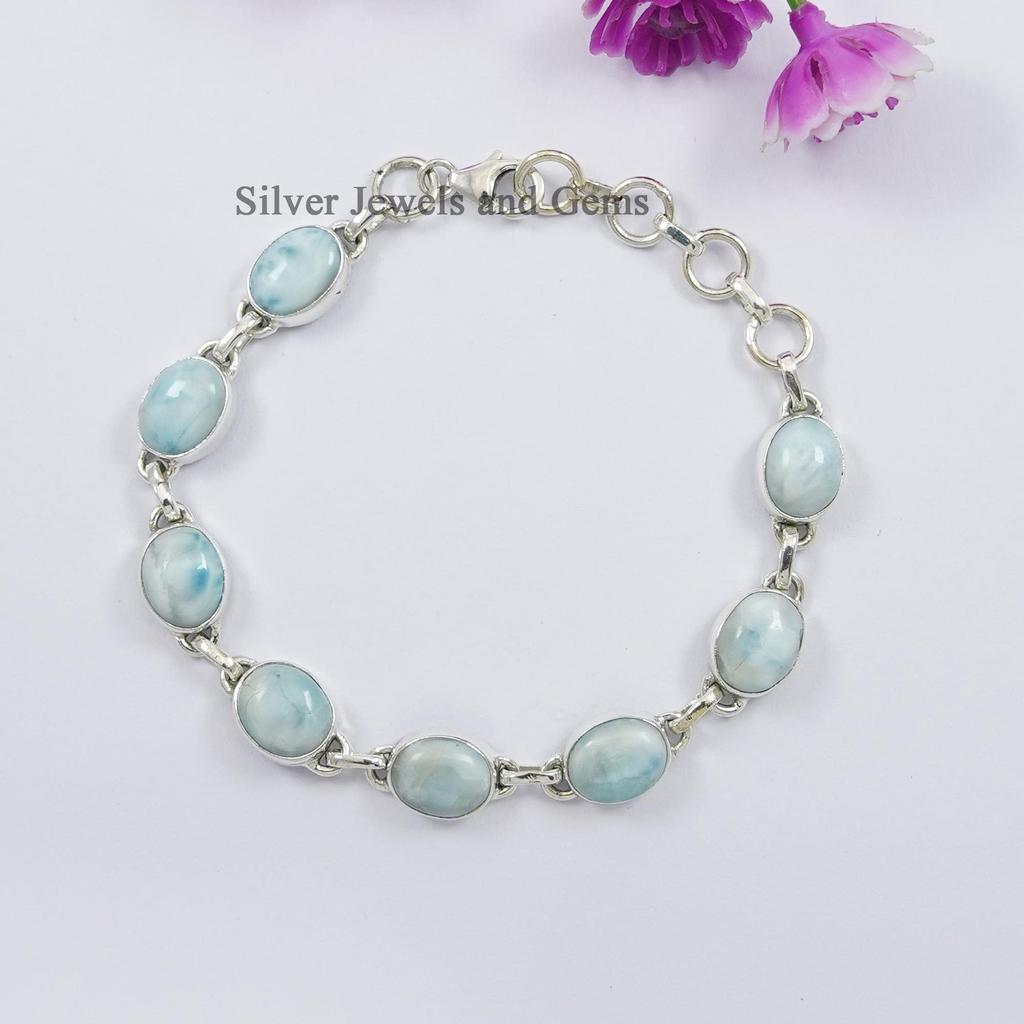 Natural Larimar Bracelet, Handmade Bracelet, Oval Gemstone Bracelet, 925 Sterling Silver Bracelet, Simple Bracelet, Wedding Bracelet