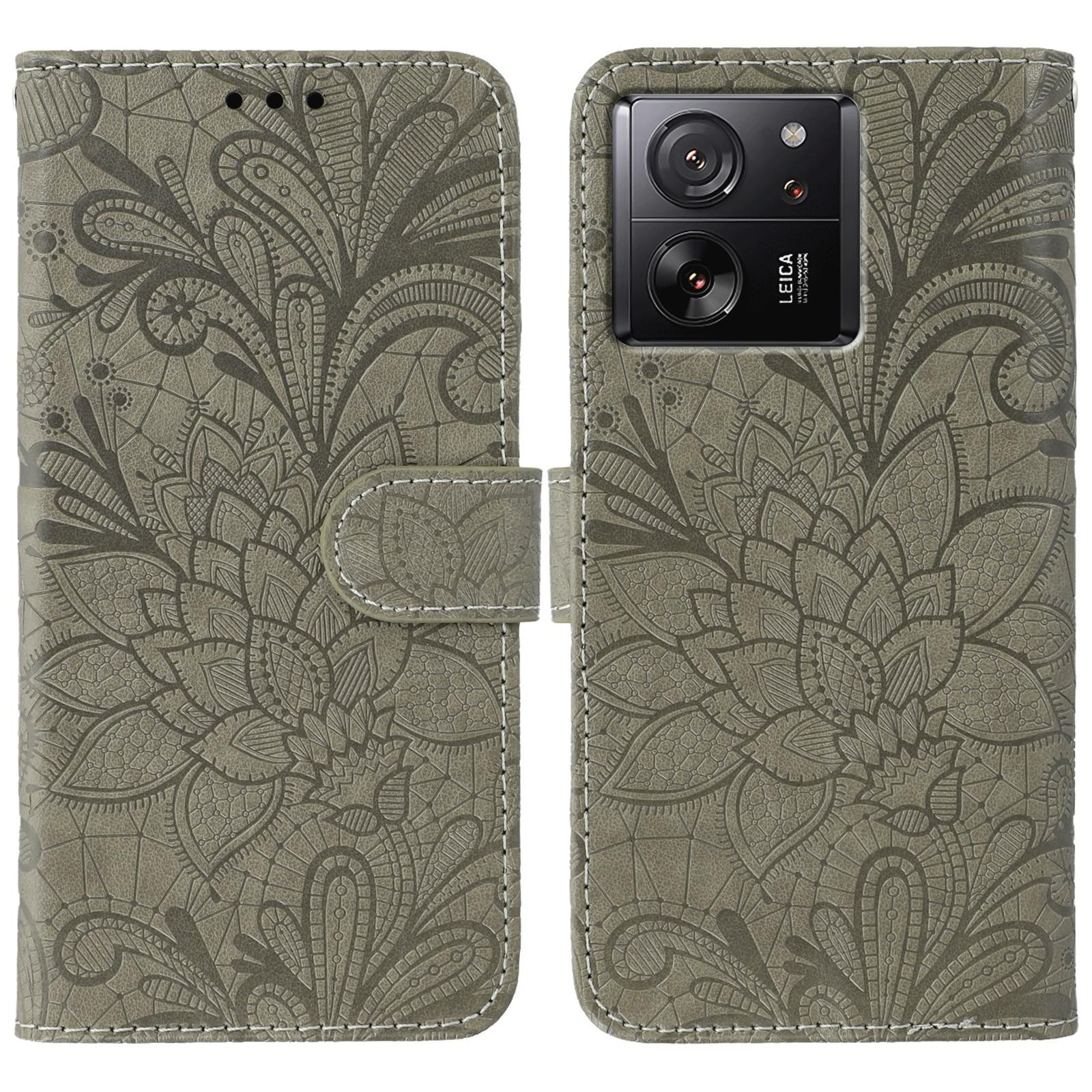 

For Xiaomi 13T Pro/13T Case Lace Flowers PU Leather Flip Wallet Phone Cover Grey