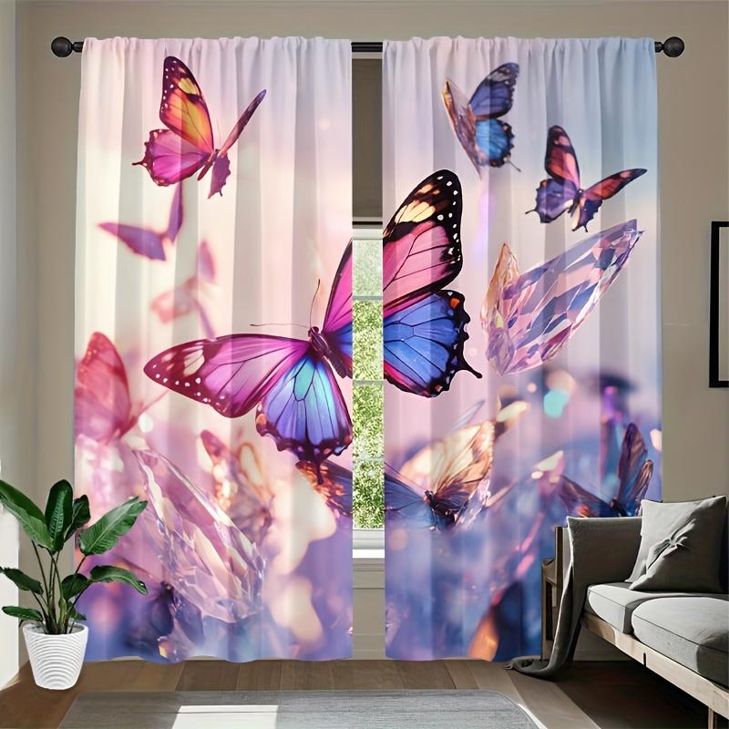 

The Two-Piece Curtains Display Colorful Butterflies Against a Soft Pink-Blue Sky with Transparent Crystal Feathers Swaying 100*130 Grommet Top 1pcs