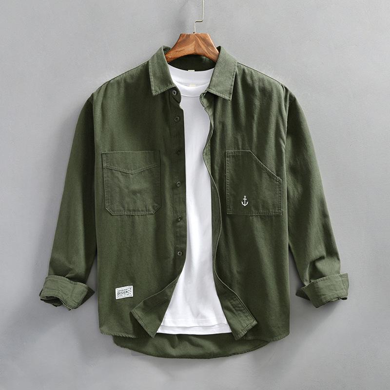 Japanese Style Cargo Long Sleeve Shirt Men Pure Cotton Casual Tops Double Pocket Workwear Spring and Summer Loose Shirts Male