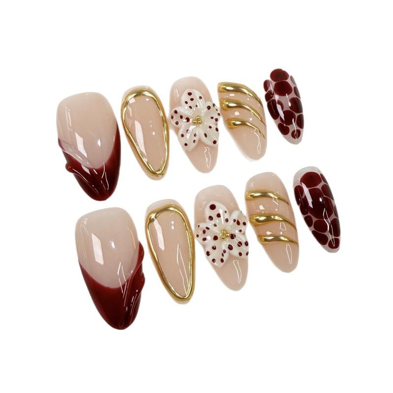 3D Floral Embossed Press-On Nails Ice-Transparent Nude Pink French Tip Almond Shape Reusable Artificial Nail Tips S M L