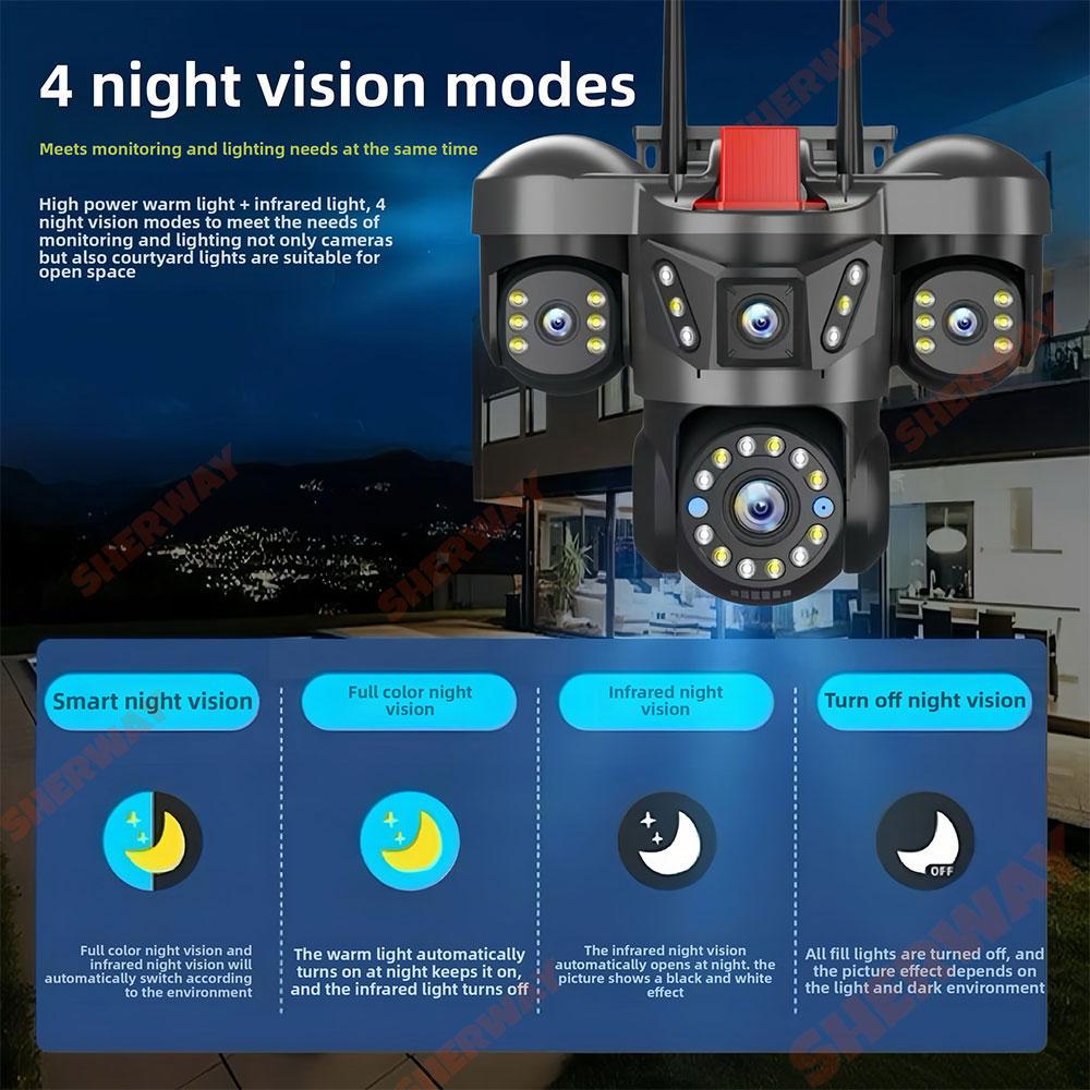 10K 20MP UHD Outdoor WiFi IP Camera Four Len Four Screen 360° 16X Zoom PTZ Security Cam Auto Tracking CCTV Wireless Surveillance