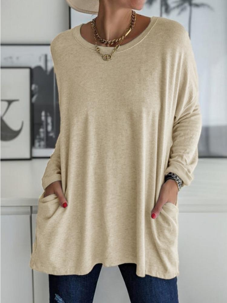Spring and Summer New Round Neck Long Sleeved Loose Pocket Solid Color T-shirt Casual Women's Clothing