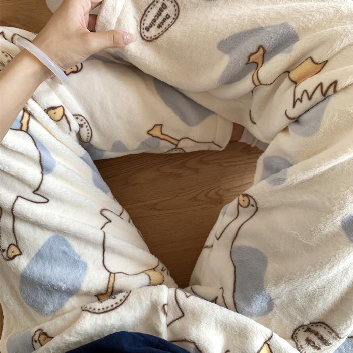 Korean Style Women's Fleece Pajama Pants - Flannel Cartoon Design for Autumn and Winter