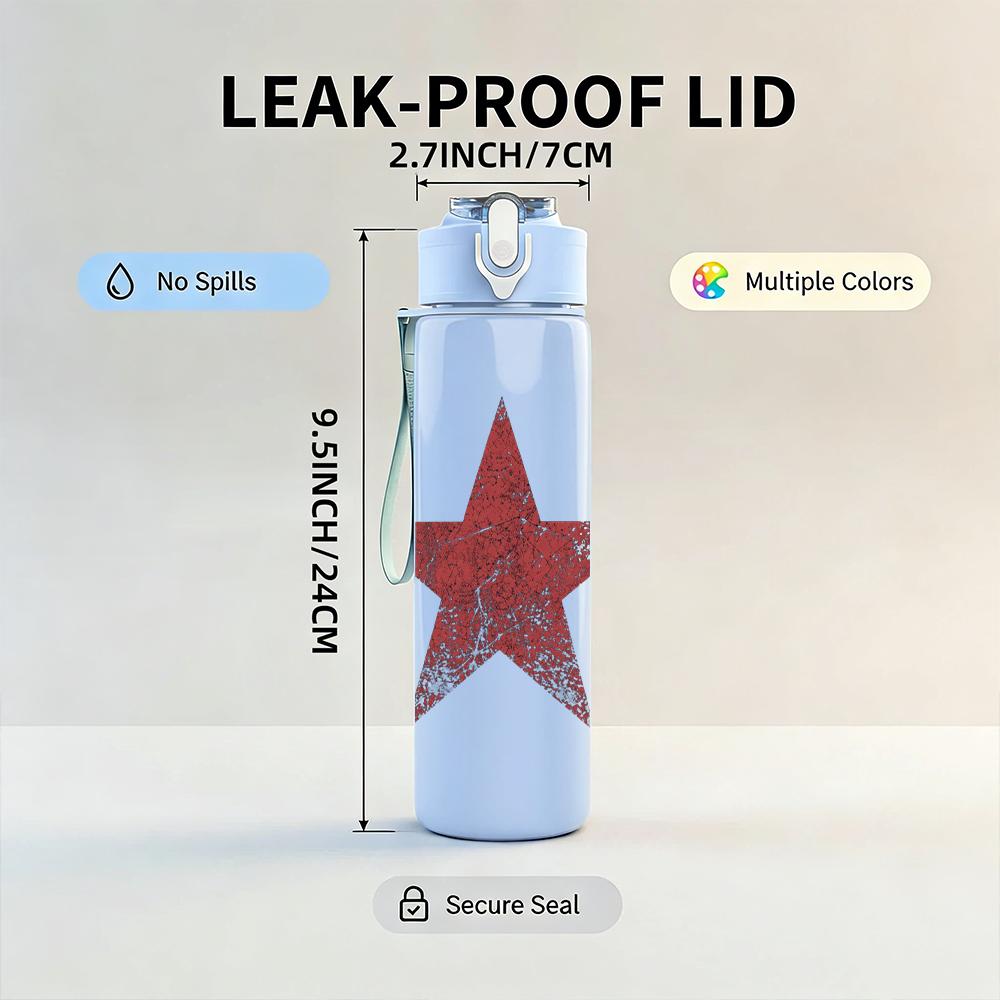1PC Red five point star minimal print 750ml colorful plastic sports water bottle leakproof pop up lid with straw for outdoor work home use