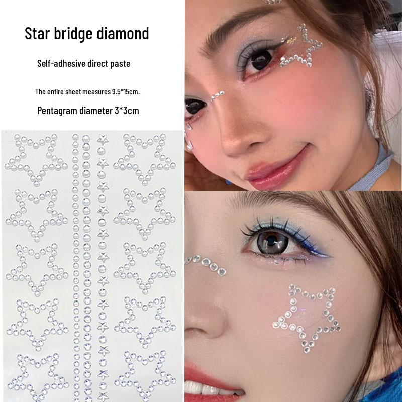 Concert Face Stickers: Five-Pointed Star, Blue Heart, Bowknot, Glue-Free Rhinestones for Makeup
