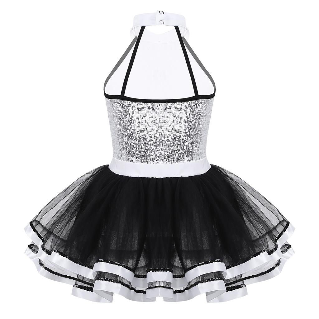 Mädchen Ärmellos Glänzend Pailletten Zierknöpfe Ballett Tanz Gymnastik Turnanzug Mesh Tutu Kleid Moderner Tanz
