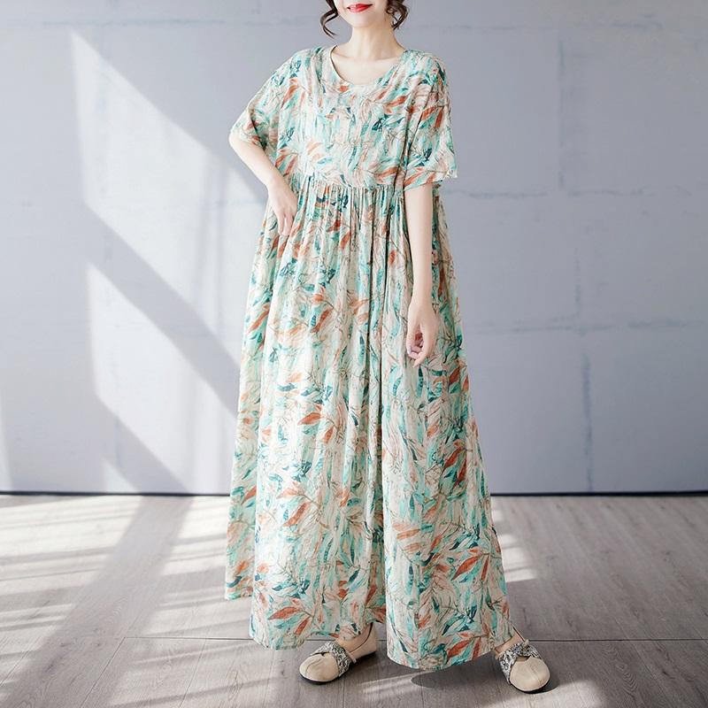 Manga corta Tallas grandes de algodón vintage floral nuevo en vestidos para mujer vestido largo casual suelto de verano