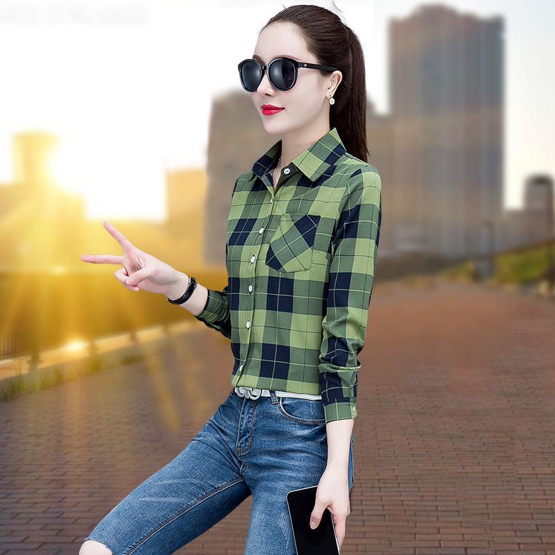 2025 Women's Korean Style Plaid Slimming Shirt - Casual Long Sleeve Print for Spring & Autumn Students