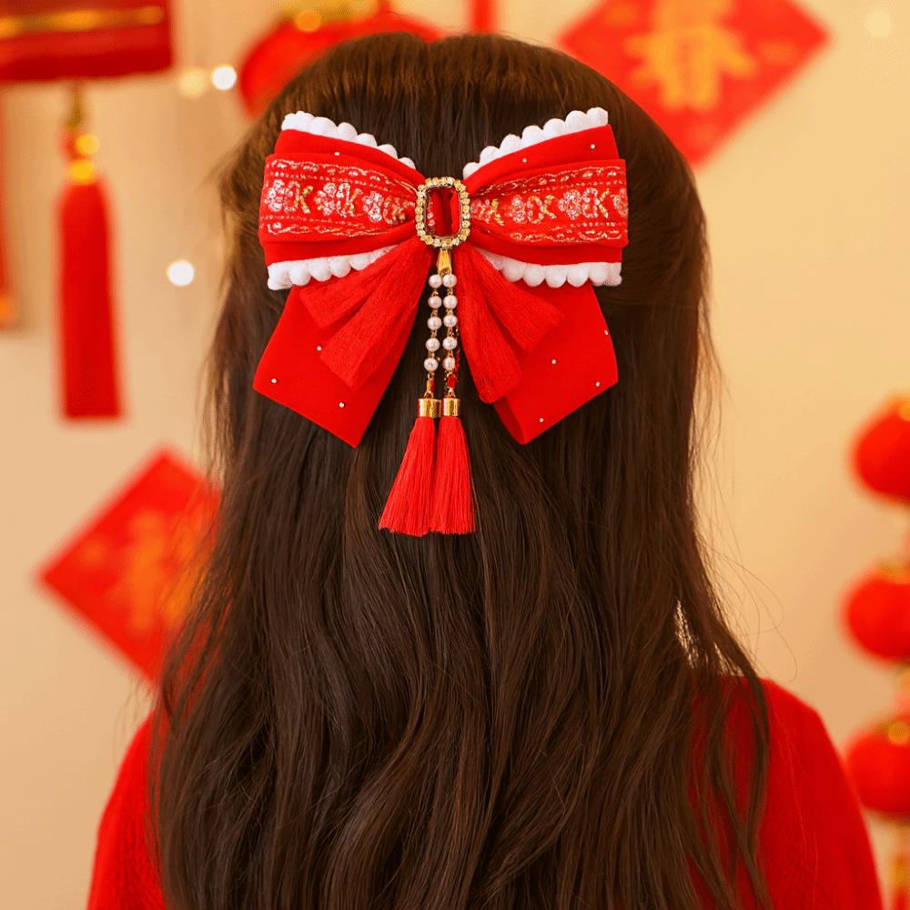 Flower Bow Ribbon Hair Clip Tassel Hanfu Hair Ornamen Cute New Year Hairpin  Girls