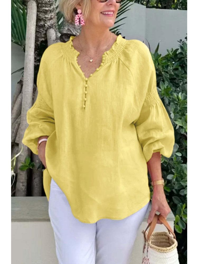 Women’s Polo-neck V-neck Plain Cotton-linen Long-sleeved Casual Top