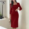 ZANZEA Women Square Collar Casual 3/4 Sleeve Slim Sheath Dress