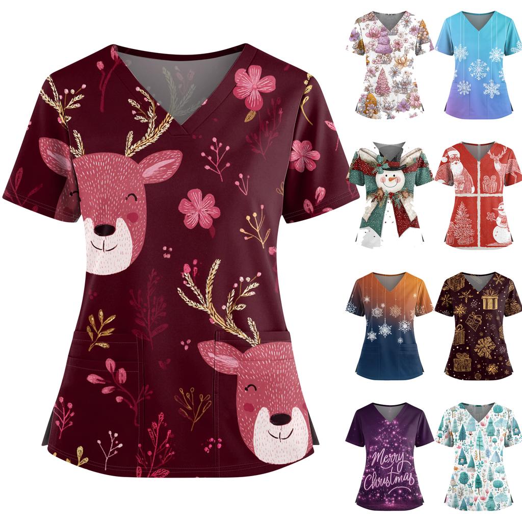Women's Christmas Print V-Neck Double Pocket Short Sleeves Hem Slit  Uniform And Caregiver Top