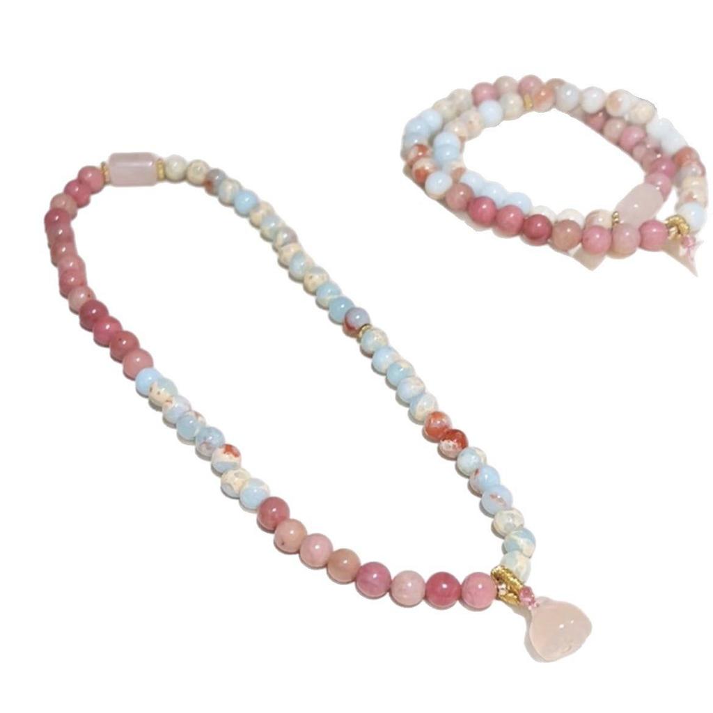 Pink Crystal Lotus Bracelet with Shoushan Stone & Gourd Pendant, Red Vein Accents, Chinese Style Jewelry for Women