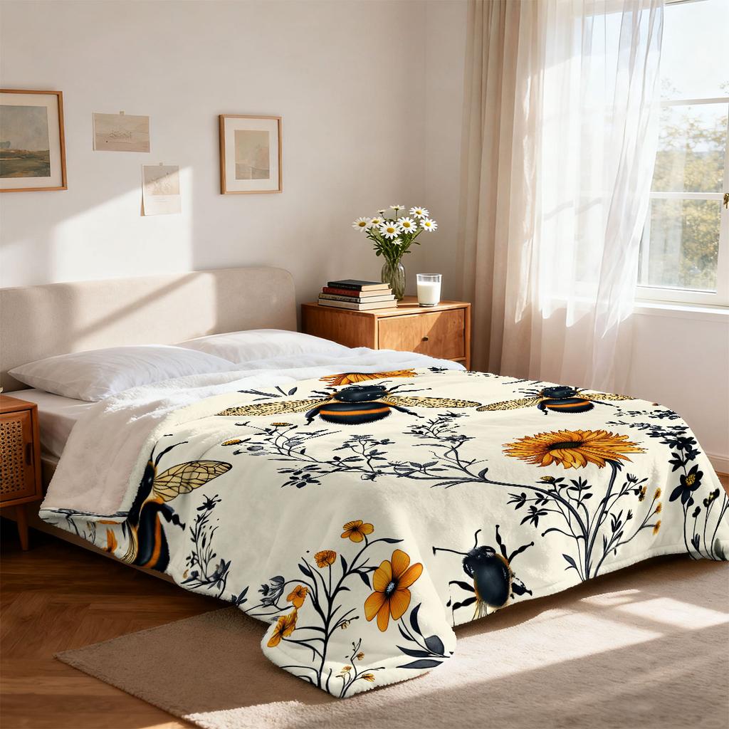 1pc Spring Bee Flower Printed 230 Flannel Blanket In Multiple Sizes, Soft And Comfortable Napping Cover Carpet, Machine Washable