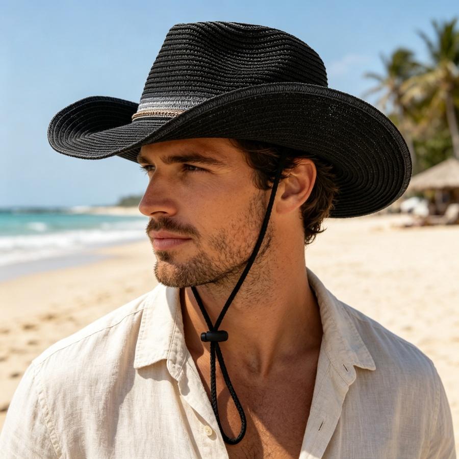 Retro Western Cowboy Farbverlauf Strohhut mit winddichtem Band, Unisex Großer Rand Sonnenhut für Strandurlaub Täglichen Schutz