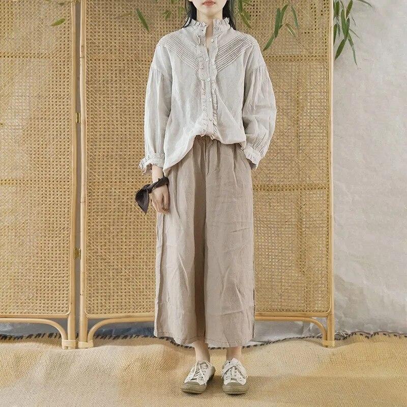 Johnature Dámské Vintage košile Topy Stojánek Jarní halenky s knoflíkem Dlouhý rukáv Jednobarevné košile v čínském stylu