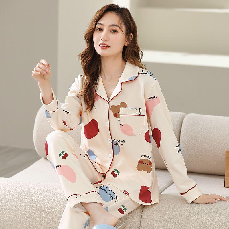 Women's Korean-Style Cartoon Pajama Set - 100% Cotton, Long-Sleeved, Suitable for Spring, Autumn, and Winter, with Cardigan for Home Wear.
