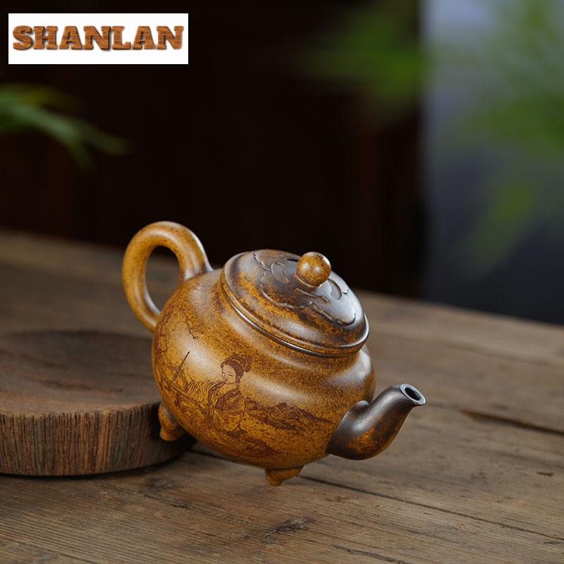 500ml Elegant Yixing Purple Clay Teapots Handmade Ruyi Tripodia Pot Raw Ore Firewood Mud Kettle with Filter Chinese Zisha TeaSet