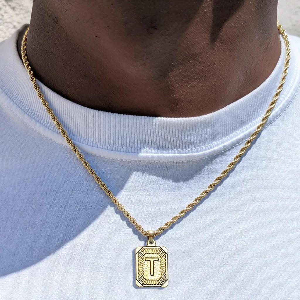 18K Gold Stainless Steel 26 Letter Pendant Necklace with Twisted Chain - Hip Hop Style
