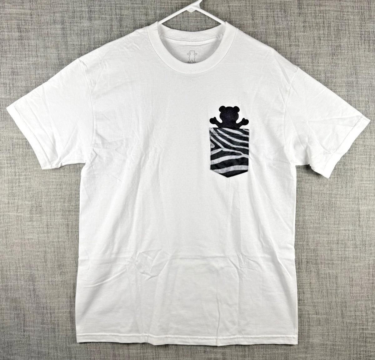 Size L - Grizzly Grip Tape Zebra Bear Breast Pocket Graphic 100% Cotton T-shirt Mens Tees Top White Skate XL