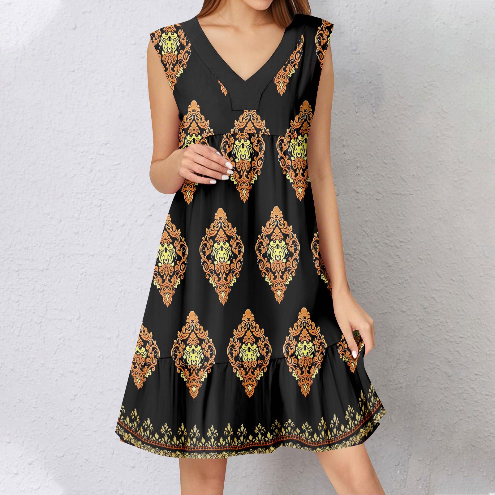 

Женское летнее платье без рукавов с V-образным вырезом и принтом, короткие платья, модное повседневное струящееся бохо-платье с оборками, свободное платье-сарафан XL кофейный