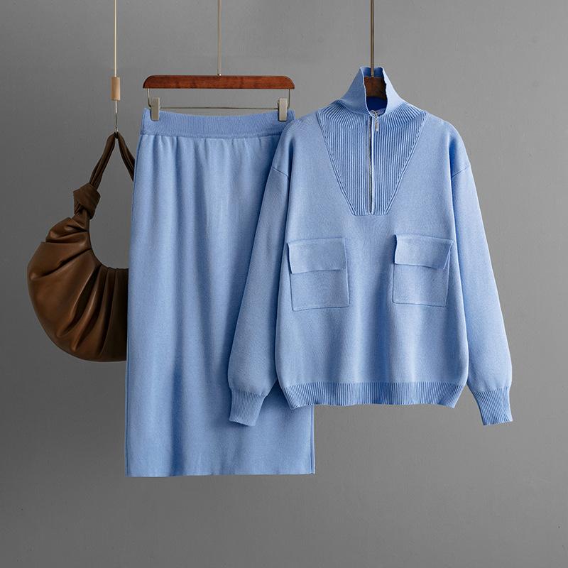 Autumn and Winter New Solid Color Lapel Half Zipper Knitted Top + Temperament Skirt Fashion Two-piece Trendy