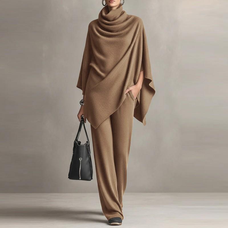 Modisches Damen-Anzug-Set mit hochgeschlossenem Umhang-Oberteil und Hosen mit weitem Bein