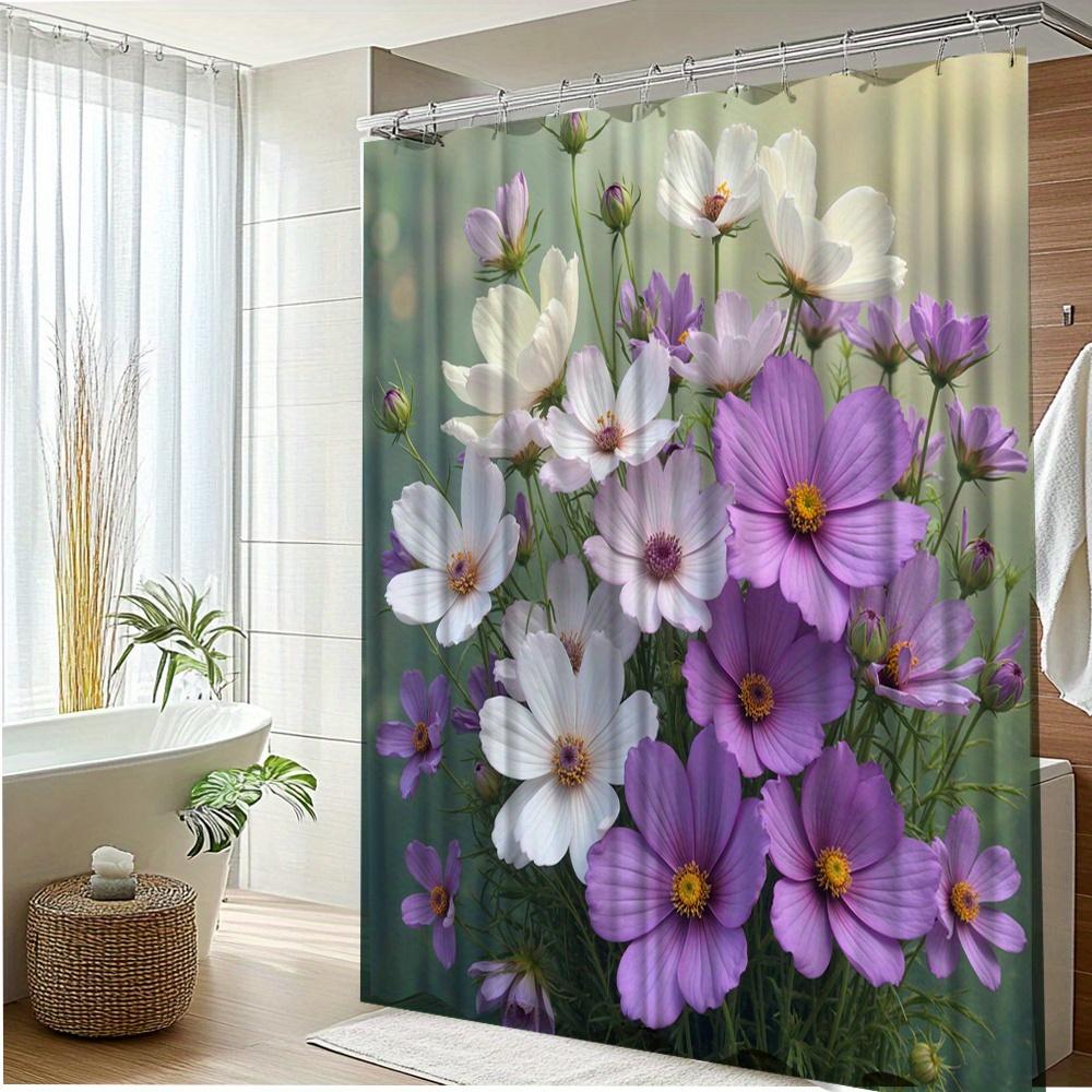1Pc Floral Shower Curtain With Vibrant Purple & White Blooms - Machine Washable Polyester Fabric, 70.8X70.8 Inches, 12 Hooks