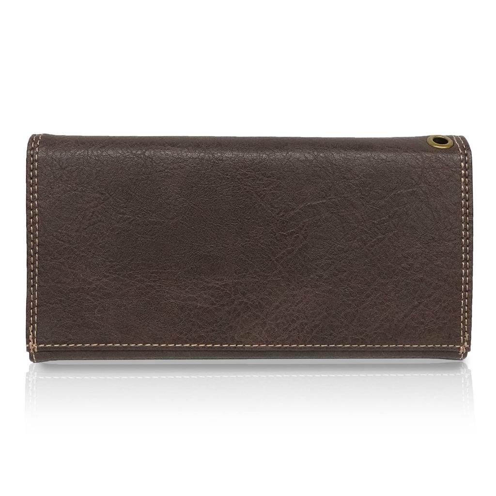 Long wallet made of textured synthetic leather with a compartments for and and a YKK plate, banknotes, coins, cards, zipper.