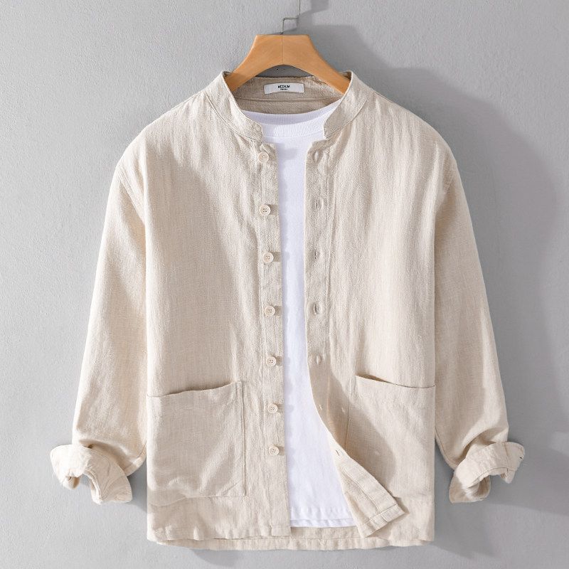 Spring and Autumn Japanese Style Vintage Long Sleeve Shirt Men Cotton and Linen Chinese Style Stand Collar Loose Casual Overshirt Chinese Style