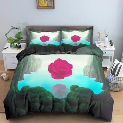 3D Floral Bedding Set Rose Surreal Scene Concept Artwork Duvet Cover King Queen Size Colorful Flowers Green Soft Comforter Cover