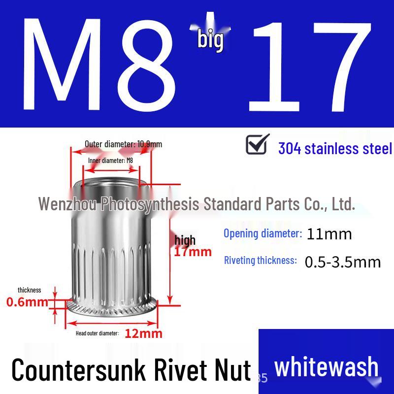 304 Stainless Steel Knurled and Ribbed Countersunk Rivet Nut