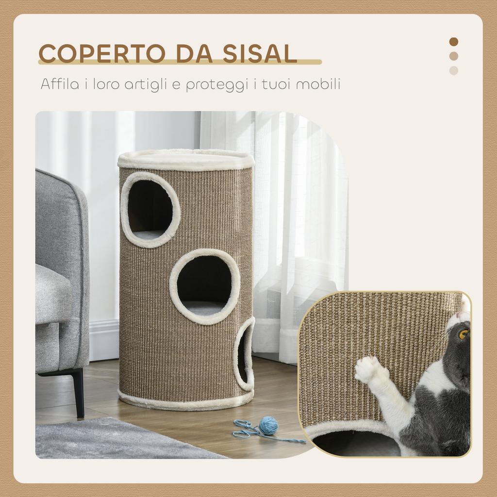 3-Tier Cat House with Sisal and Plush Scratching Post, Ø38x70cm, Brown