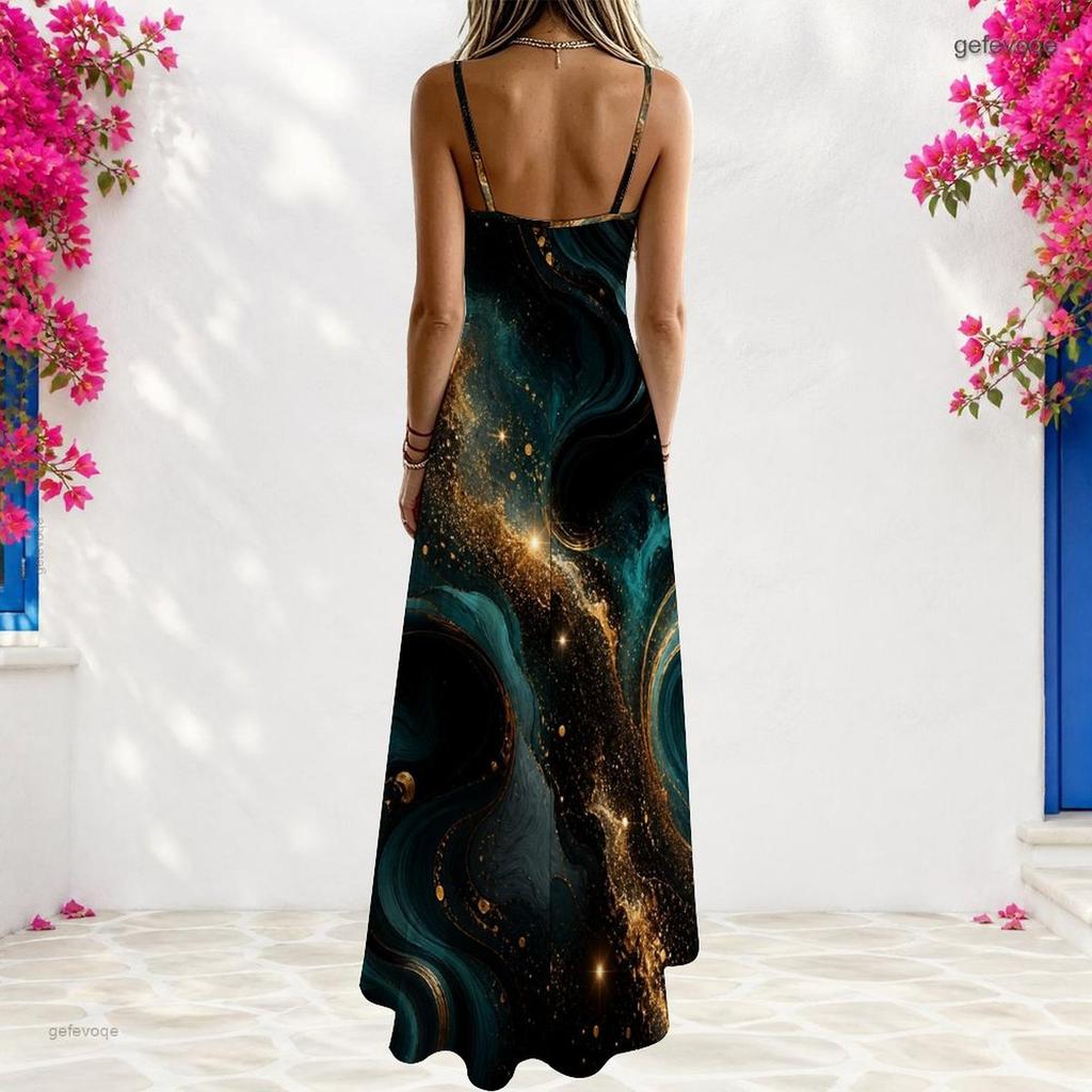 Women Plus Size Off Shoulder V Neck Spaghetti Strap Sleeveless Colorful Swirl Print A Line Long Dress