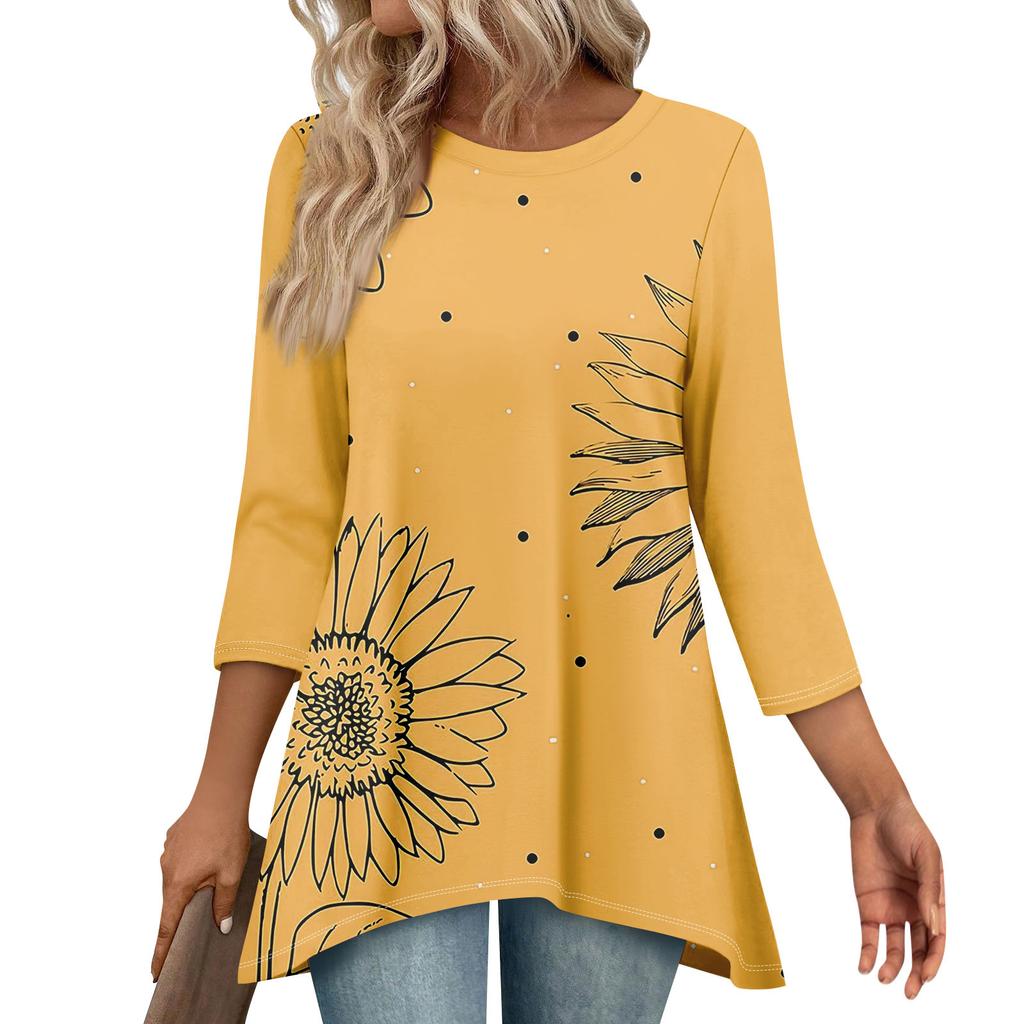 Tunic Tops For Women Loose Fit Prints Tops 3/4 Length Sleeve Womens Tops With Asymmetrical Hem