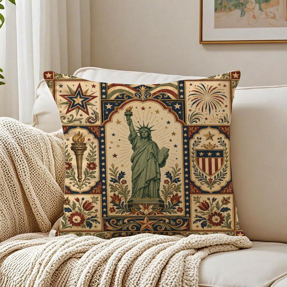 Patriotic Statue Of Liberty Cushion Cover Double-Sided Plush Sofa Cushion Covers Organic Breathable Invisible Zipper