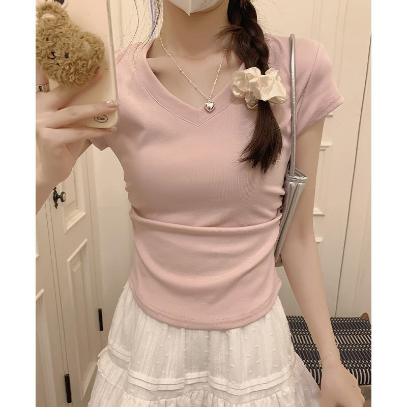 

Летние облегающие футболки с V-образным вырезом и короткими рукавами, женские футболки, однотонные базовые футболки 2025 XXL розовый