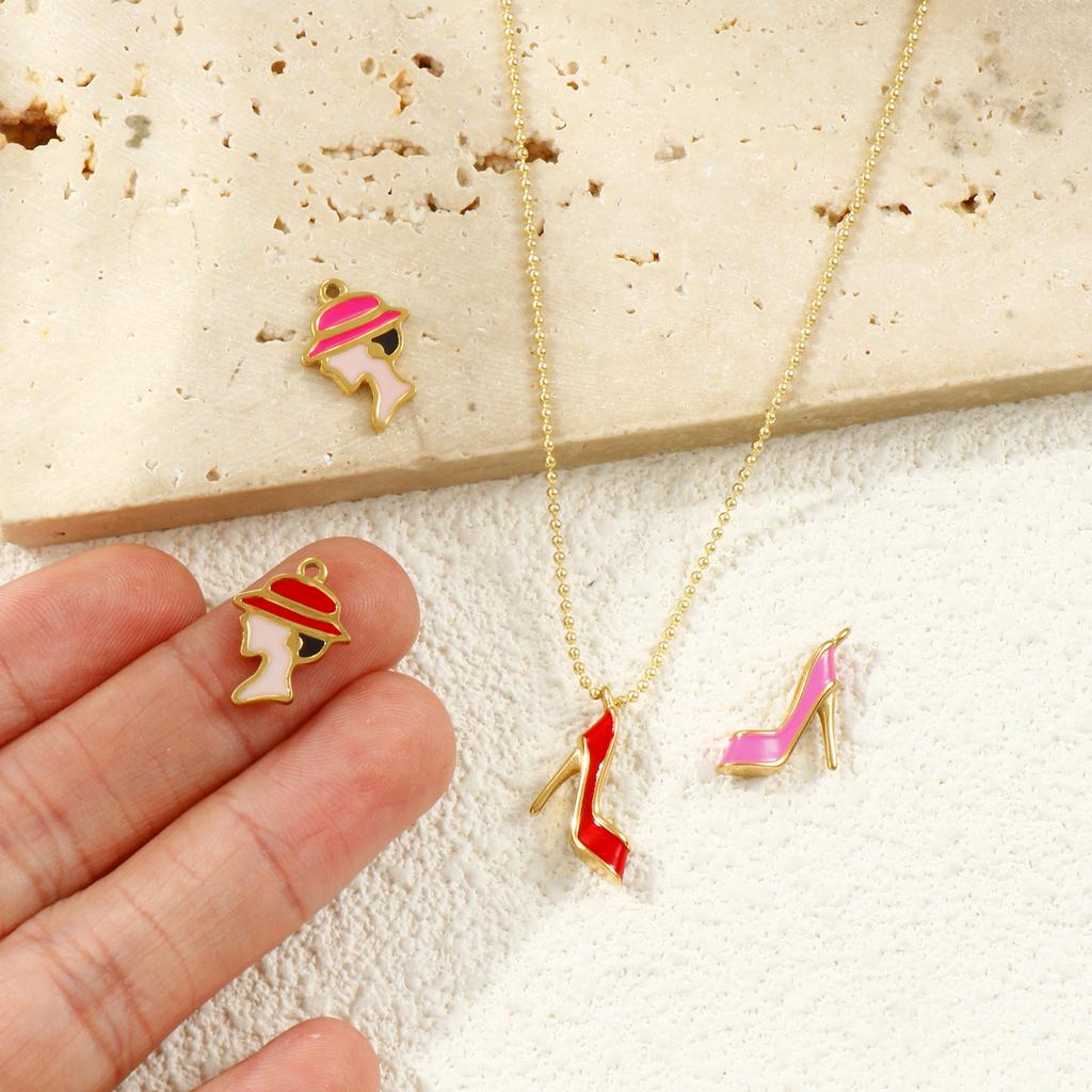 1 PC Waterproof 304 Stainless Steel Charms 18k Gold Plated Enamel The Lady With A Hat High Heels Pendant For DIY Necklace Making