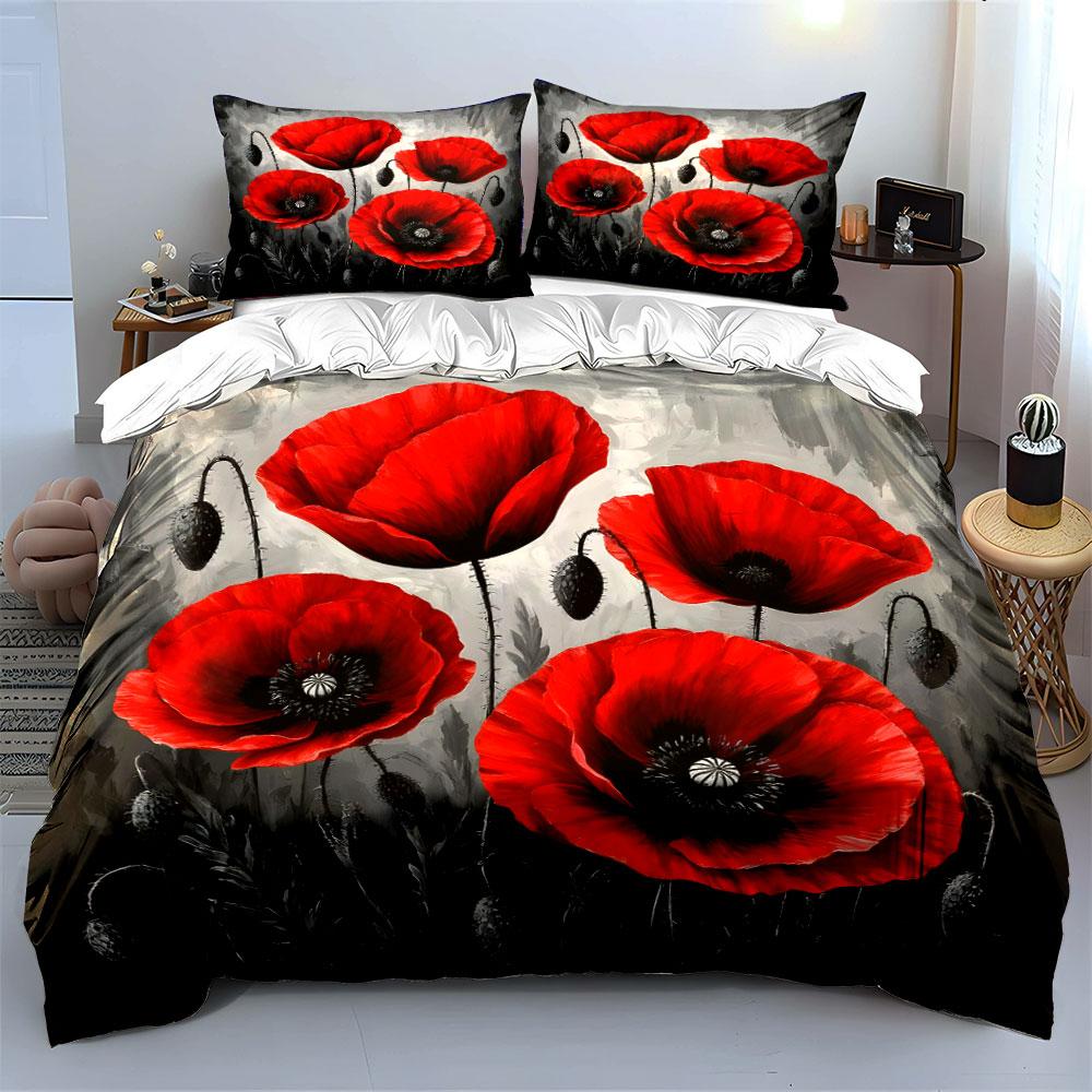 "Red Poppy Trio Wall Decor" kid's and adults' bedroom decor, Exquisite three-piece bedding set gift
