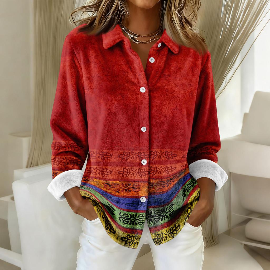 Damen-Hemdbluse, bedruckt, Knopfleiste, langärmelig, lässig, Basic, Hemdkragen, normales Oberteil