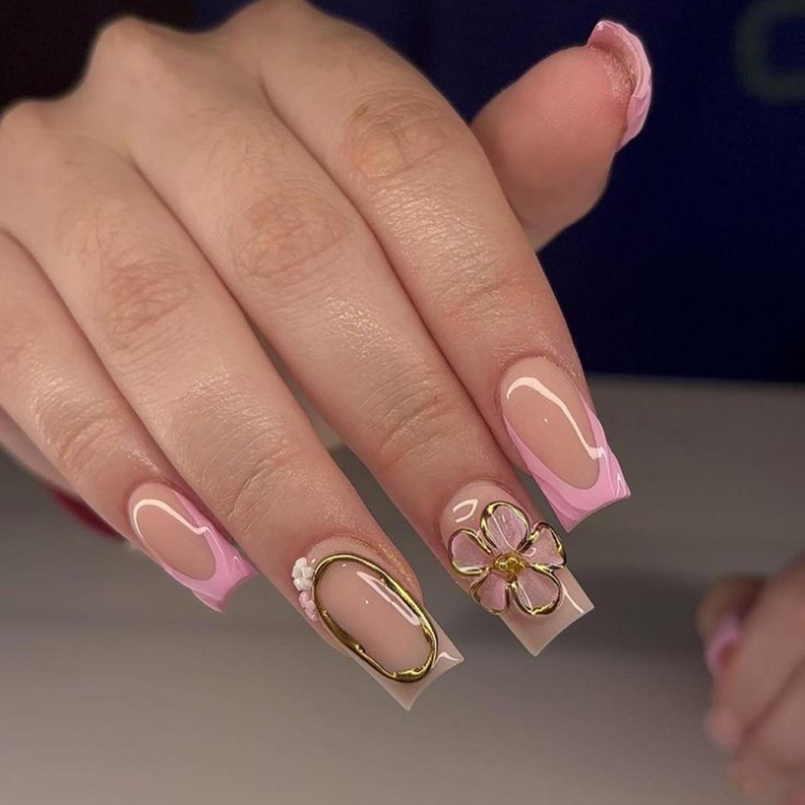 24pcs Pink Glossy False Nails Gold Foil 3D Floral Press On Nails French Style Elegant Fake Nails with Embossed Flower Design ST3870 with glue красный/чёрный