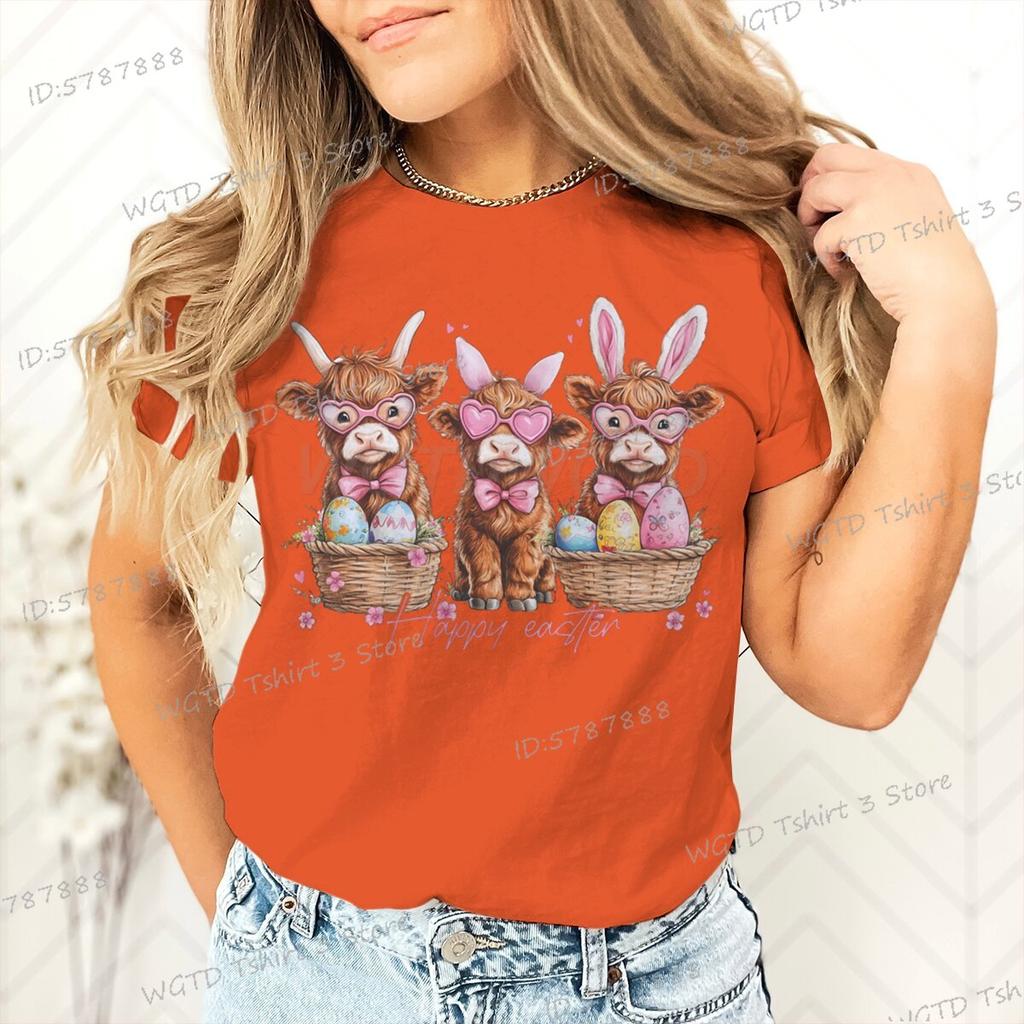 Happy Easter Day T-shirt Female Easter Cute Highland Cow Graphic T Shirts Women Cute Cow Gift for Women Retro Easter Vibes Shirt