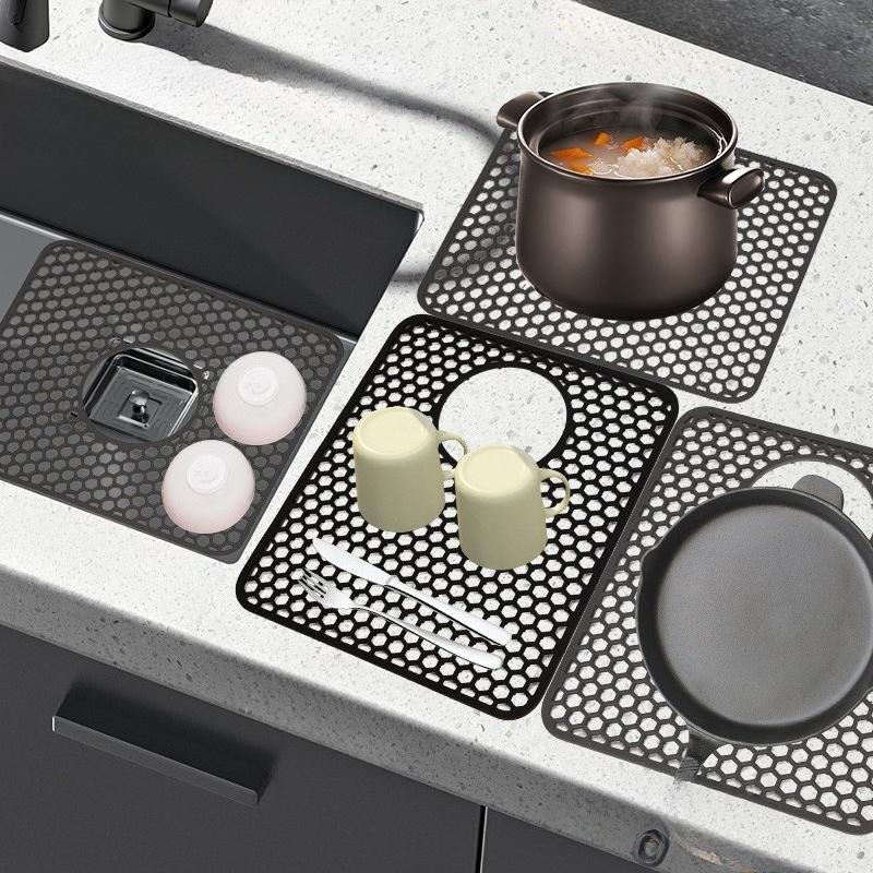 Honeycomb Silicone Kitchen Sink Mat Open Hole Design Anti Slip Scratch Proof Dish Drying Pad