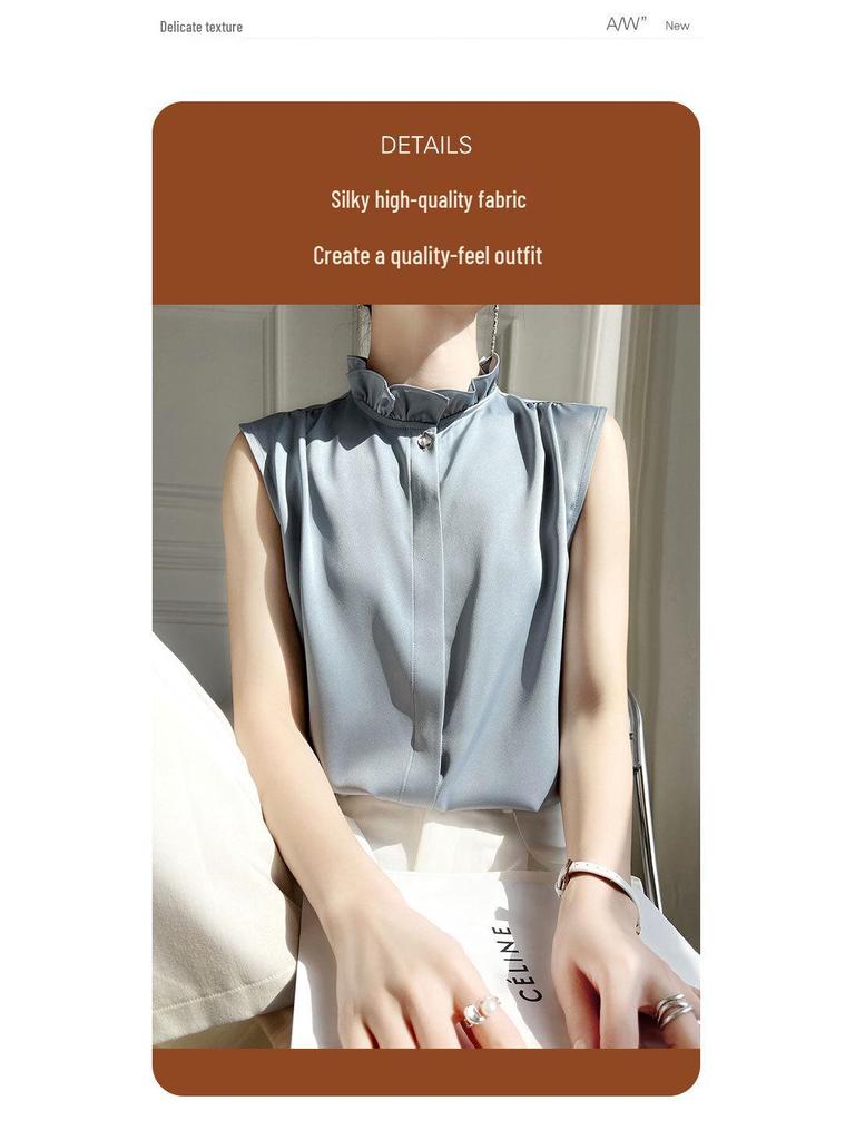 Silky Lotus Leaf Lace Collar Sleeveless Top for Women - Spring/Summer Fashion Layering Essential