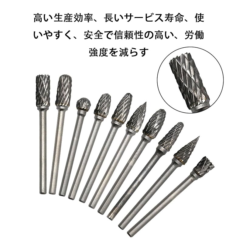 Carbide Burr Rotary Tool Bit Set, Tungsten, 3mm Shank, 6mm Blade Width, 10-Piece Set (50mm Length)